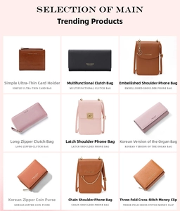 Detailed grid view showing various PU leather card holders and mini purses in multiple colors