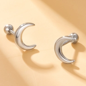 Minimalist S925 sterling silver crescent moon stud earrings with secure screw ball back