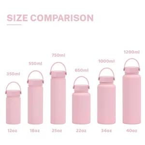 Size comparison of large capacity stainless steel sports bottles from 350ml to 1200ml
