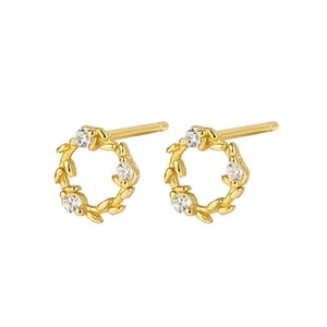 Close-up of gold flower wreath stud earrings with three clear zircons on white background