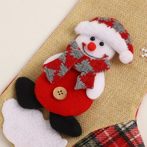 Linen Christmas stocking featuring a 3D snowman with red scarf and white cloud accents