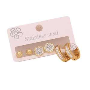 Set of 3 pairs golden stainless steel earrings with rhinestones stars and moon