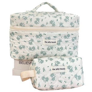 Quilted cotton floral cosmetic bag set with large and small vanity pouches in dark green