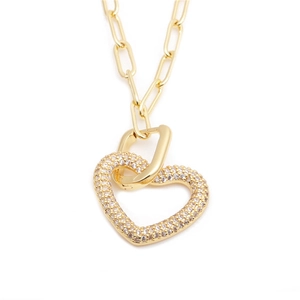 Copper Heart Pendant Necklace Women Micro Pave Zirconia Interlocking Double Hearts Paperclip Chain Trendy Jewelry Gift