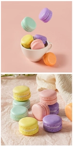 Macro shot of colorful macaron models for bakery display and photography props