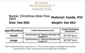 Size chart for velvet Christmas tree skirt with small and large dimension specifications