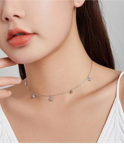 Close-up of S925 sterling silver shell pendant necklace worn on a female neck