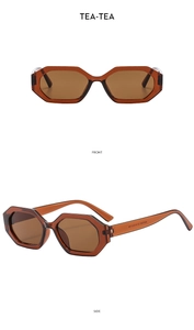 Detail view of hexagonal sunglasses with translucent tea frames in front and side angles