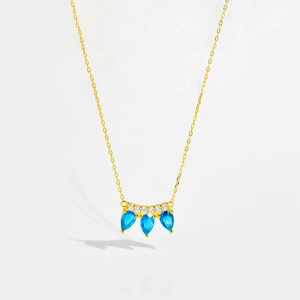 Detail of s925 silver crown necklace with blue water drop gems and small clear crystals