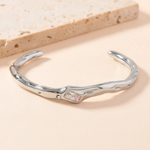 Irregular liquid silver stainless steel open bangle with inlaid colorful zircon stones