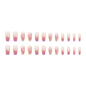 Elegant 24-piece coffin press-on nails with white rose patterns and pink gradient finish