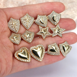 Geometric Stud Earrings Copper Zircon Inlaid Heart Star Moon Shield Shape Fashion Light Luxury Ins Style Accessory For Women