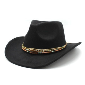 Detail view of a black felt cowboy hat featuring a colorful beaded decorative band