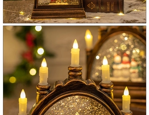 Detail of vintage bronze LED crystal water lantern with candle bulb and snowy background