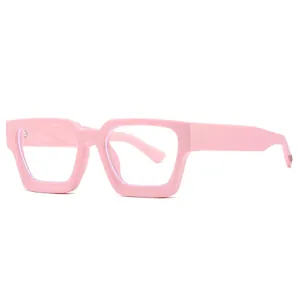 Fashionable pink thick square frame glasses with anti-blue light clear lenses for women