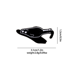 Detail showing dimensions of the cartoon black cat enamel pin in bottle design