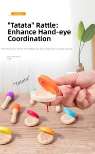 Detail of wooden castanets and maracas for infant early musical education and motor skills