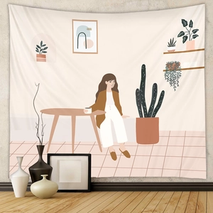 Detail of bohemian tapestry featuring a woman relaxing with plants in soft beige tones