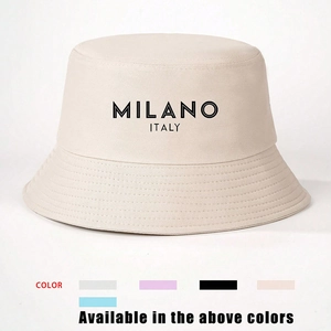 Off-white canvas bucket hat featuring Milano Italy print and adjustable strap for sun protection