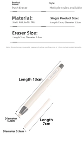 Detailed technical diagram showing retractable pen-style eraser dimensions and material info