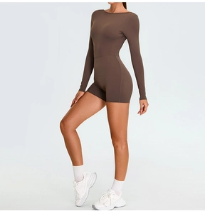 Close-up of brown long-sleeve yoga bodysuit featuring slim fit and high-elastic fabric