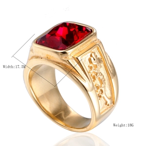 Men's gold-tone steel ring with large square red gemstone and embossed dragon design