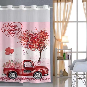 Valentine's Day waffle shower curtain featuring a red vintage truck and heart tree design