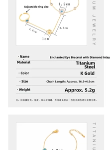 Detailed size specifications for the gold-plated nazar evil eye hand chain and ring set