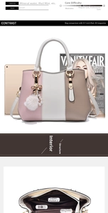 Detail of multi-compartment interior structure of tricolor handbag with iPad for scale