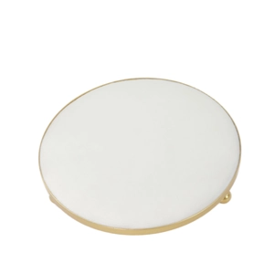 Modern white marble jewelry display tray with gold metal frame and spherical legs