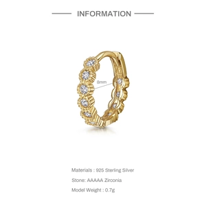 Detailed 8mm S925 sterling silver hoop earring with AAAAA zirconia and 0.7g weight info