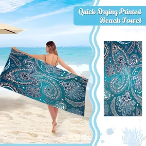Detail of teal paisley microfiber beach towel showing quick-drying fabric and print