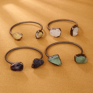 Vintage bronze open bracelets with raw amethyst, emerald, yellow, and white natural crystals