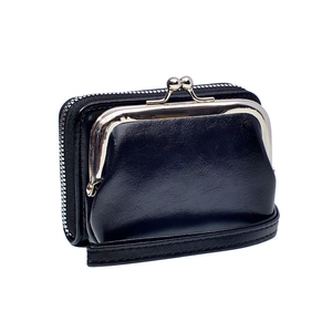 Classic black leather kiss lock coin purse with zipper compartment and wrist strap