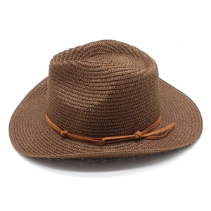 Classic dark brown hand-woven straw jazz hat with leather band for outdoor sun protection