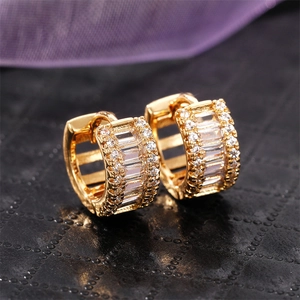 French style gold huggie earrings with rectangle and round zircon pave setting
