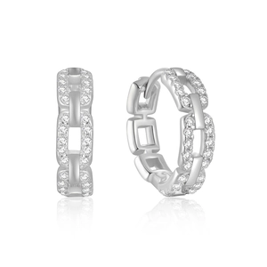 Macro view of S925 sterling silver chain link hoop earrings with pavé set white zircons