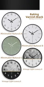 Detail of five creative 12-inch quartz wall clocks with minimalist black painted frames