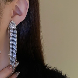 Close-up of long silver tassel earrings with shimmering rhinestones worn by a model