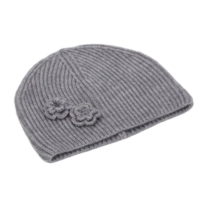 Gray knitted flower beanie featuring vertical ribbed texture and crochet floral accents