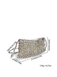 Detail view of silver beaded crossbody bag showing exact dimensions and chain strap length