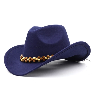 Classic dark blue felt western cowboy hat with ethnic style wooden beaded decorative band