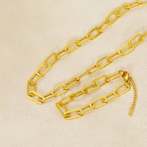 18K gold plated stainless steel paperclip chain necklace and bracelet set for women