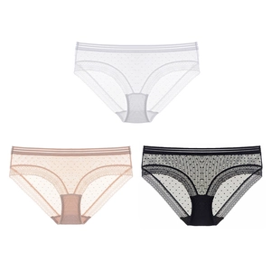 Lot de 3 culottes sexy en dentelle et tulle à pois pour femmes en blanc, chair et noir
