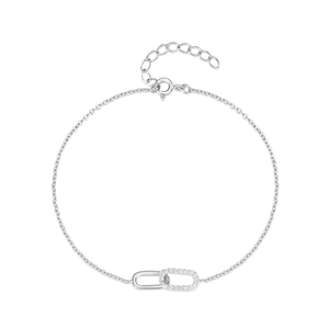 Detail of silver chain bracelet with lobster clasp, extender chain and sparkling zircon