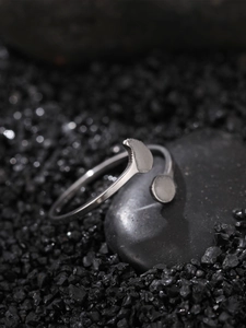 Macro shot of silver luminous ring with crescent and round geometric metal plates
