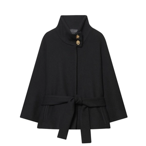Women Short Wool Blend Jacket Stand Collar Cape Style Black Coat With Gold Buttons And Waist Tie