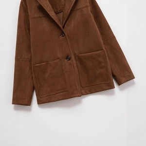 Deep brown faux suede blazer jacket for women featuring button closure and large pockets
