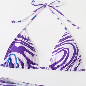 Detail of triangle bikini top with purple and blue marble print and adjustable straps