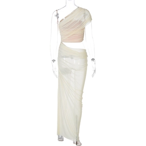 Detail view of the cream mesh dress featuring side cut-outs and elegant pleated texture